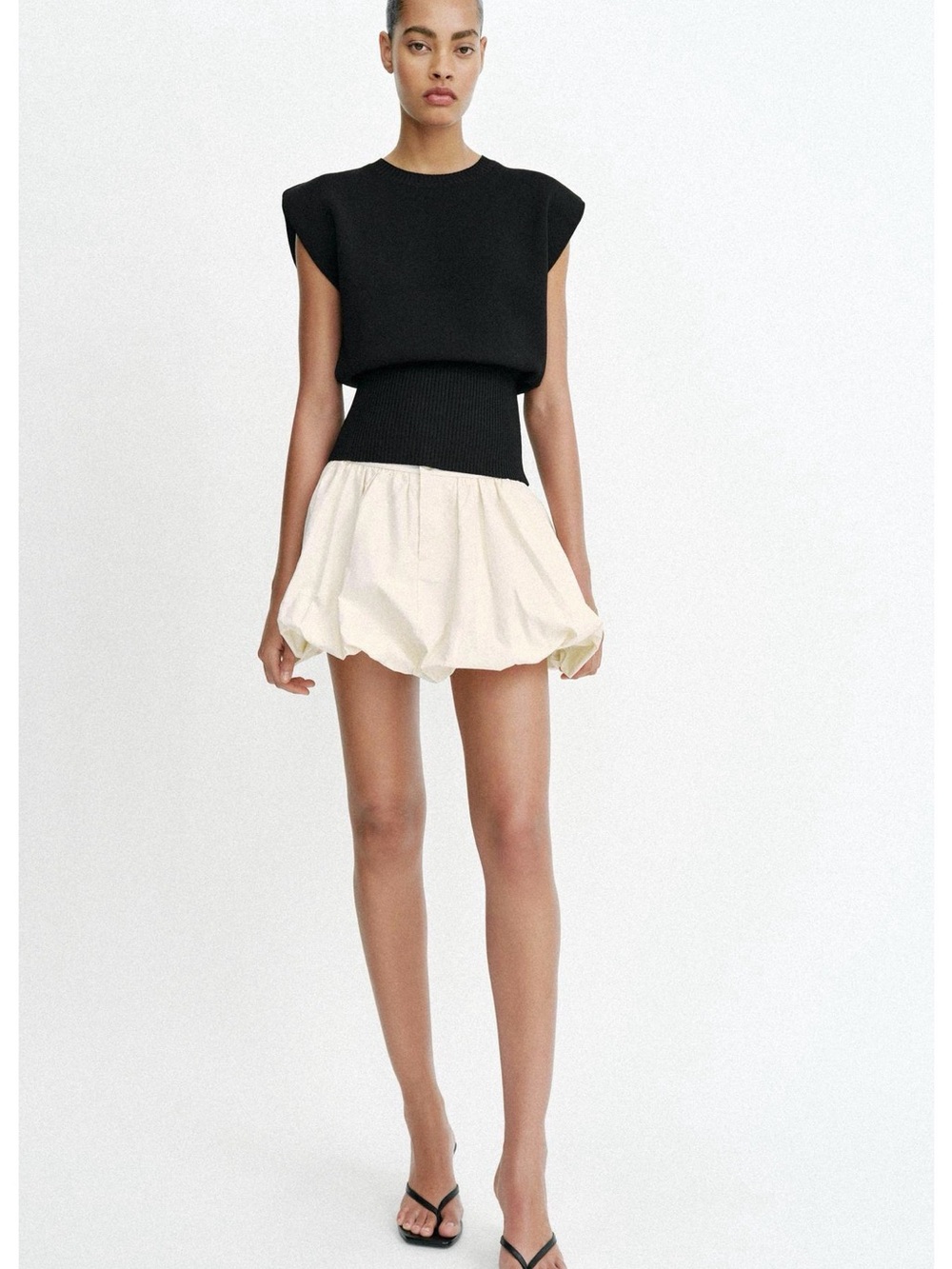 Zara Black Shoulder Pad  Ribbed-Waist Knit Top - Picture 3 of 8